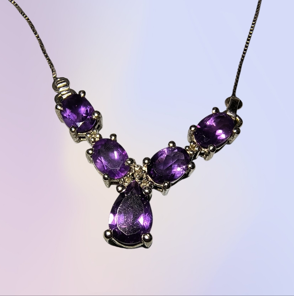Sterling Silver Amethyst Chevron Necklace | 18" Gemstone Evening Necklace